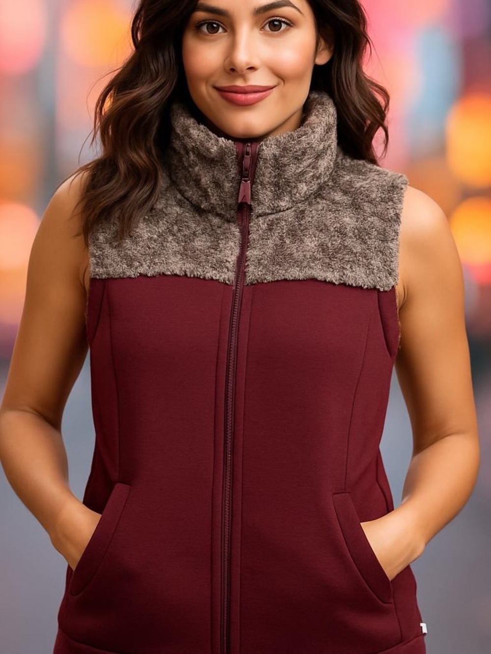 The North Face Womens Osito Mixed Media Vest Burgundy Maroon Faux Fur NF0A2TFM M
